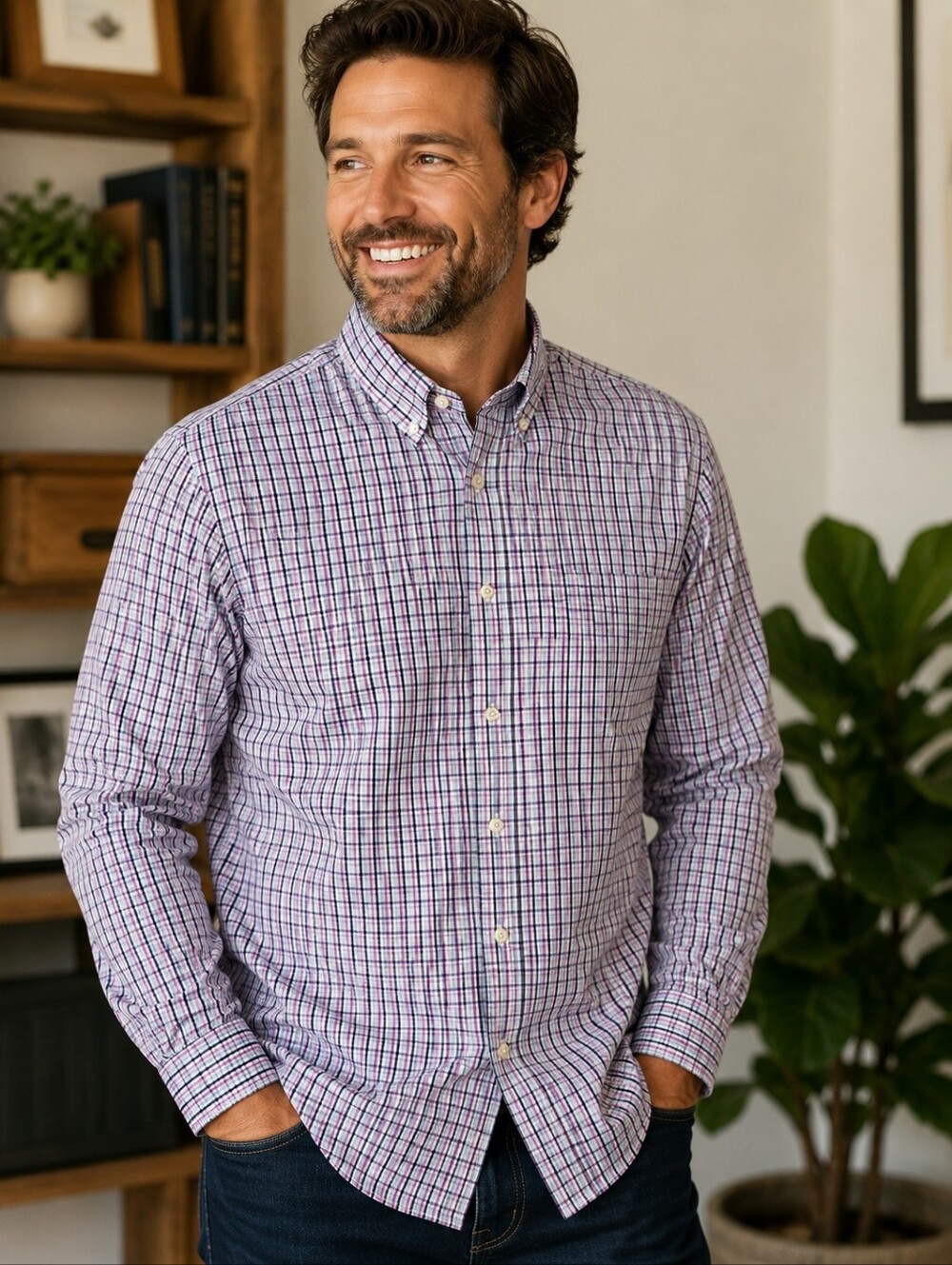 J. Crew Men's Button-Down Plaid Shirt - Purple/Blue/White/Black Size Large
